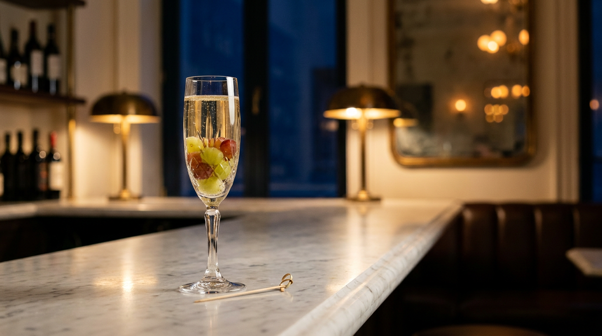 Flûte à champagne avec douze grains de raisin au fond et un jus doré pétillant, petite pique en bois posée à côté, comptoir de marbre blanc, bokeh doré de bar de nuit