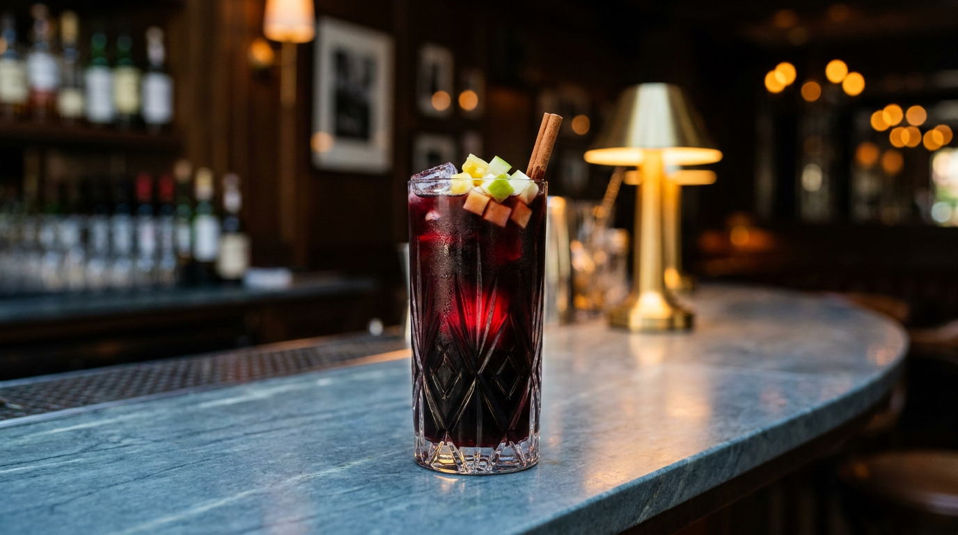 Chicha morada rouge sombre et profonde dans un grand verre, dés de pomme et d'ananas, bâton de cannelle, comptoir de calcaire bleuté