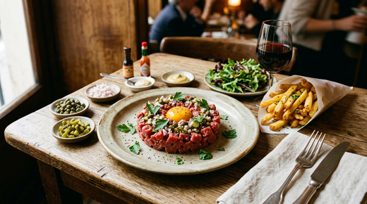 Tartare de bœuf coupé au couteau dans une assiette de bistrot, cubes de viande nets, jaune d'œuf au centre, condiments séparés autour, frites, salade et verre de vin rouge