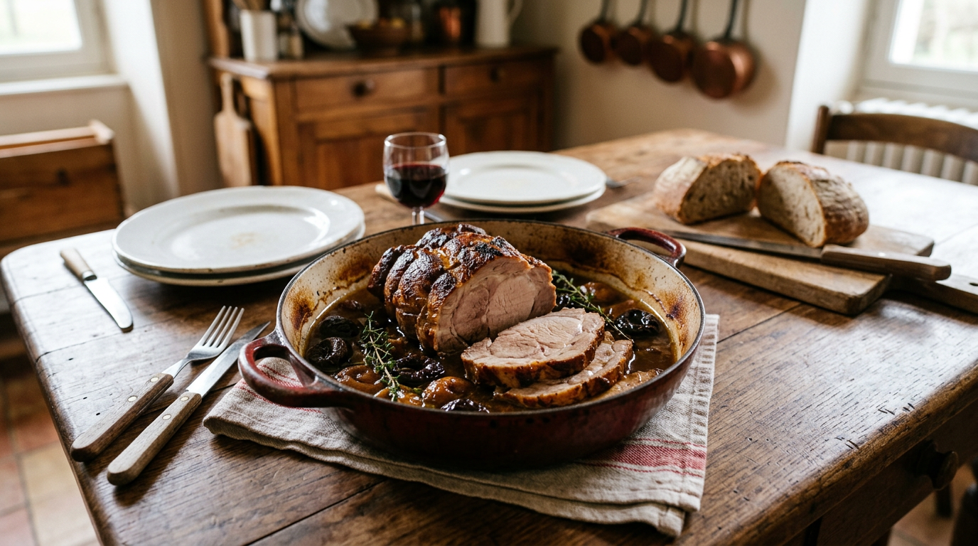 Rôti d'échine de porc braisé aux pruneaux dans une cocotte en fonte, tranché sur un tiers, sur une table de ferme en bois