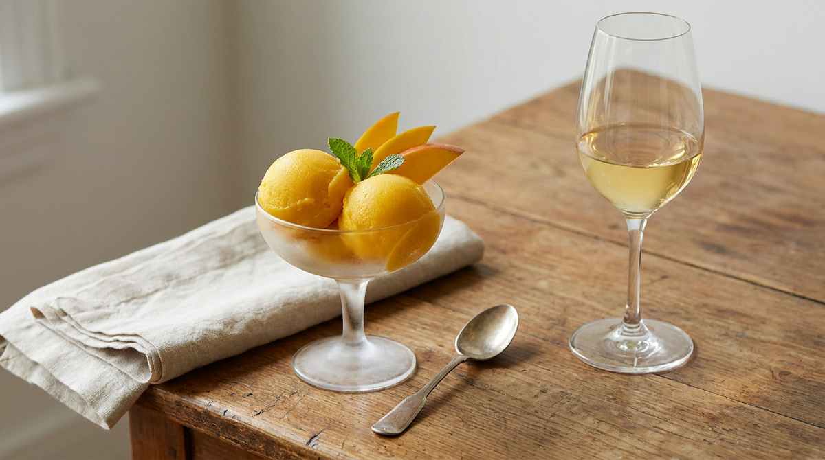 Coupe de sorbet à la mangue, tranches de mangue fraîche, verre de vin moelleux