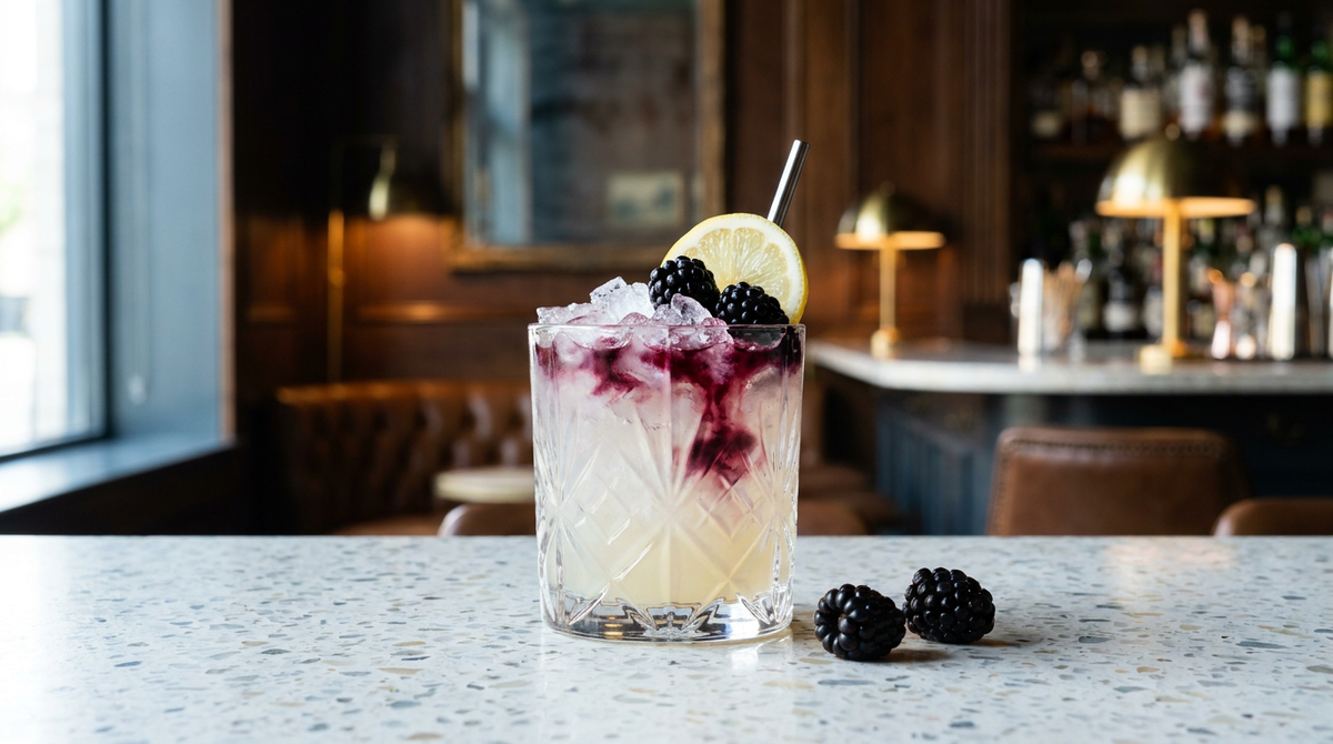 Virgin Bramble, coulis de mûre coulant dans la glace pilée, sur un comptoir de terrazzo
