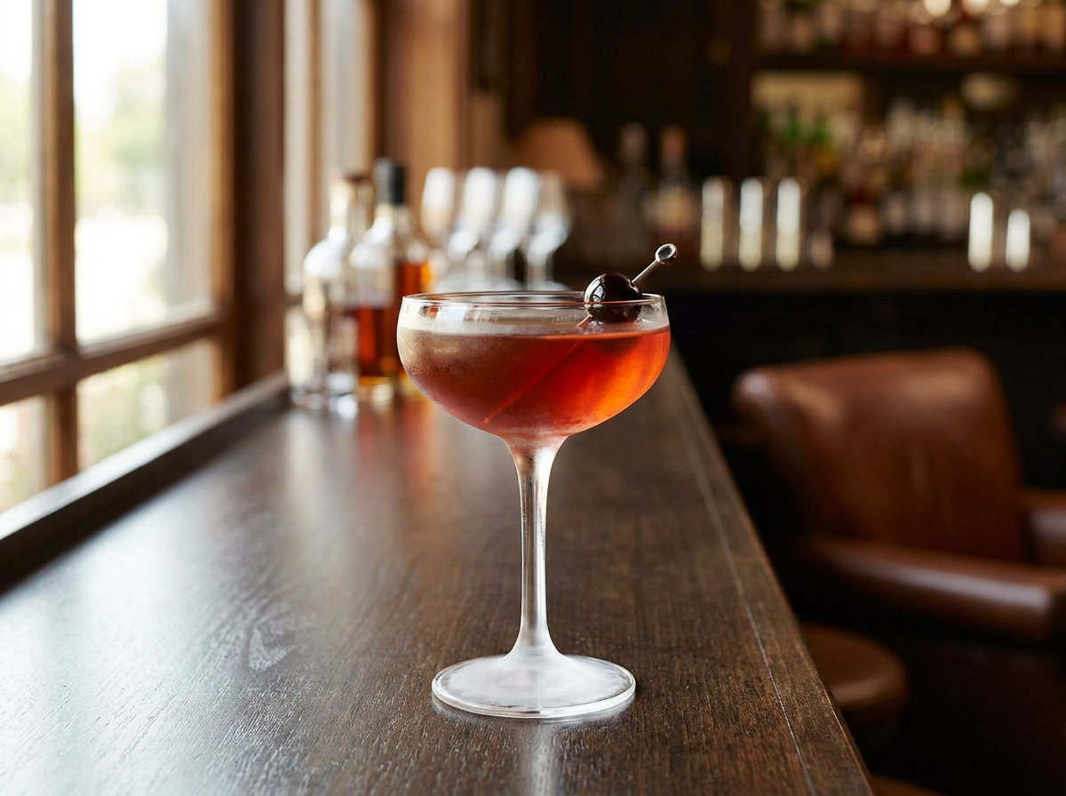 Cocktail Red Hook dans un verre à cocktail, robe rouge ambrée et cerise, lumière naturelle