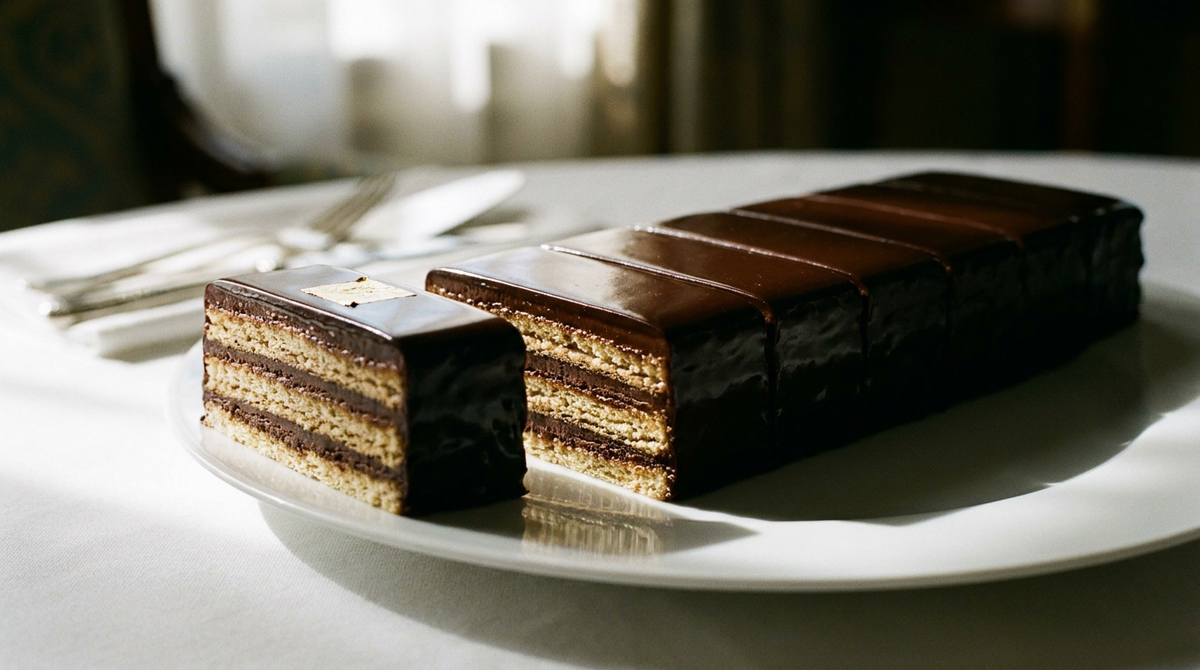 Opéra au glaçage chocolat miroir et aux arêtes nettes, une part tournée montrant les sept couches fines de biscuit, crème au café et ganache