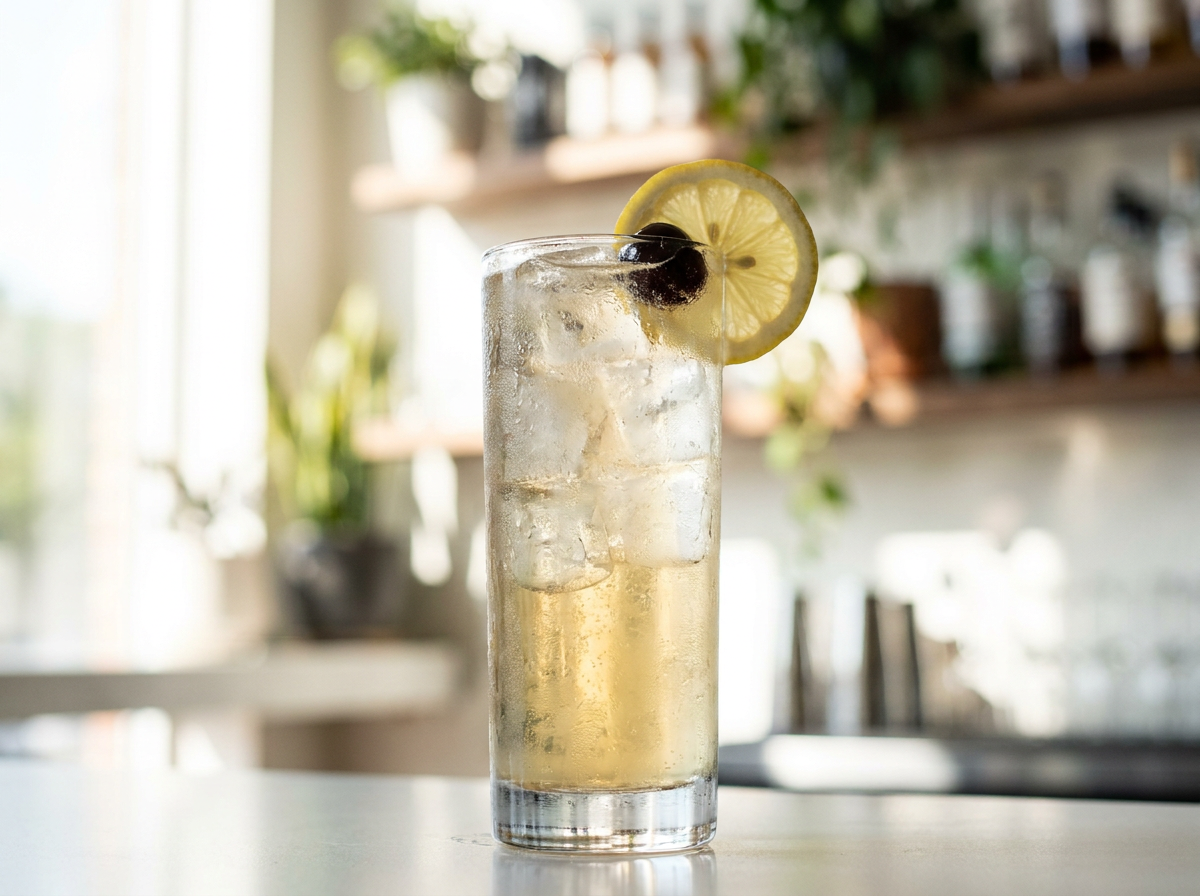 John Collins : verre haut rempli de glace, limonade dorée au whiskey, rondelle de citron et cerise