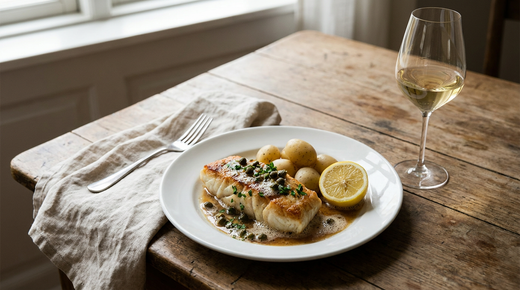 Dos de cabillaud poêlé au beurre, peau dorée, pommes de terre vapeur, verre de vin blanc