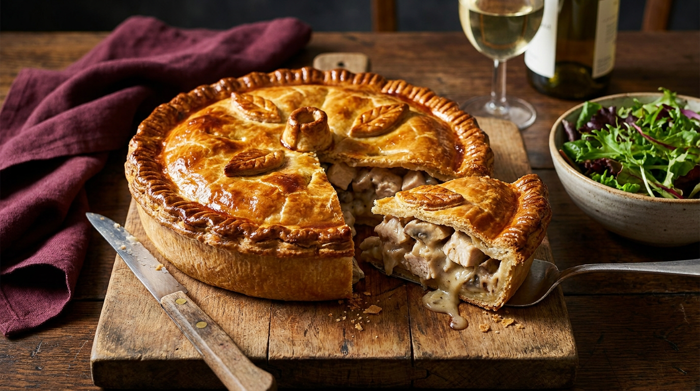 Tourte au poulet et aux champignons à la pâte dorée, une part coupée montrant la garniture crémeuse et le fond de pâte net