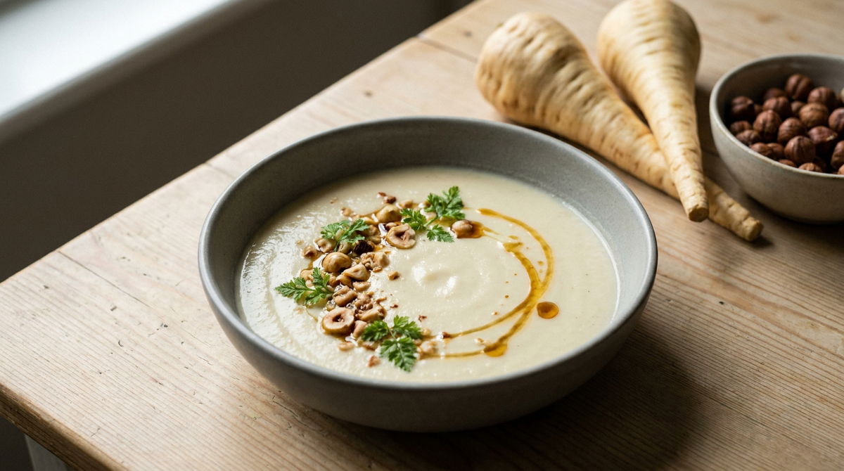 Velouté de panais ivoire dans un bol en grès gris, noisettes torréfiées concassées, filet d'huile de noisette et cerfeuil, deux panais crus et un bol de noisettes