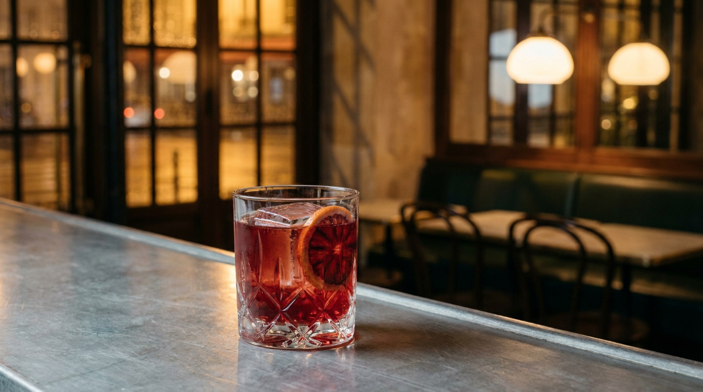 Cocktail à l'orange sanguine en verre de cristal taillé, tranche de sanguine et gros glaçon, sur le zinc d'un bistrot parisien un soir d'hiver