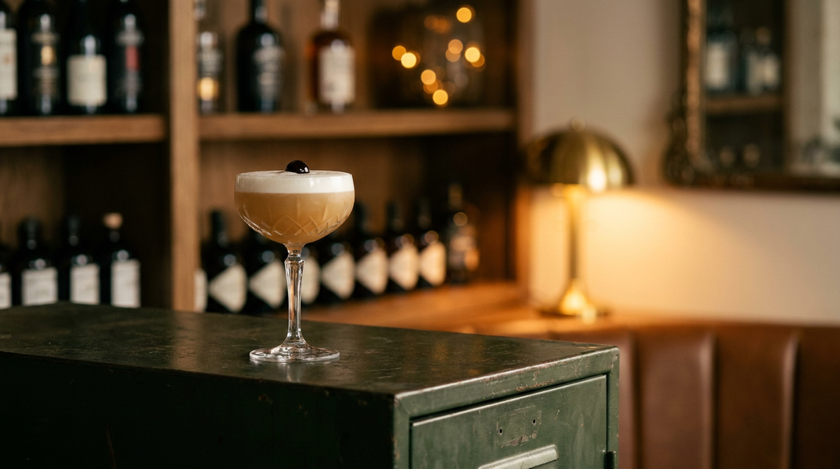 Rum Sour ambré coiffé d'une mousse blanche, trait d'amers, table d'ardoise noire