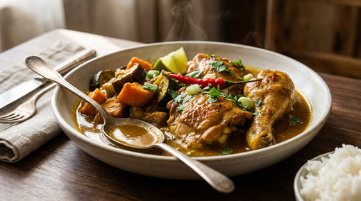 Colombo de poulet, sauce ocre dorée, morceaux de poulet doré, patate douce et courgette