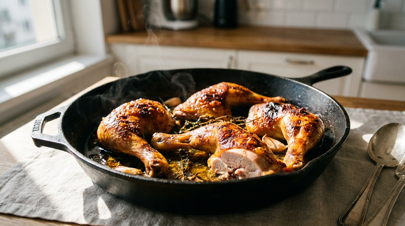 Cuisses de poulet à la peau très dorée et craquante dans une poêle en fonte, graisse rendue