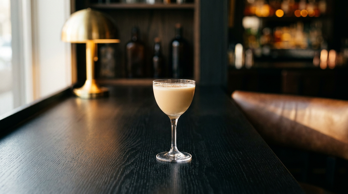 Brandy Flip caramel crémeux et opaque dans un petit verre à pied, muscade râpée sur le dessus, comptoir de chêne teinté noir