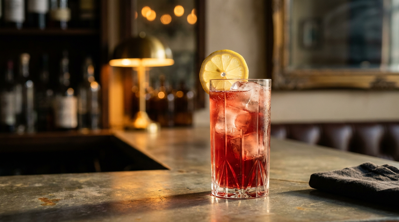 Grand verre de glace et de vin rouge à la limonade, robe rouge clair et fines bulles, rondelle de citron sur le bord, sur un comptoir de zinc patiné