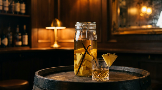 Bocal de morceaux d'ananas frais et de gousses de vanille macérant dans un rhum doré, petit verre de dégustation devant et quartier d'ananas posé, sur une tête de tonneau de chêne