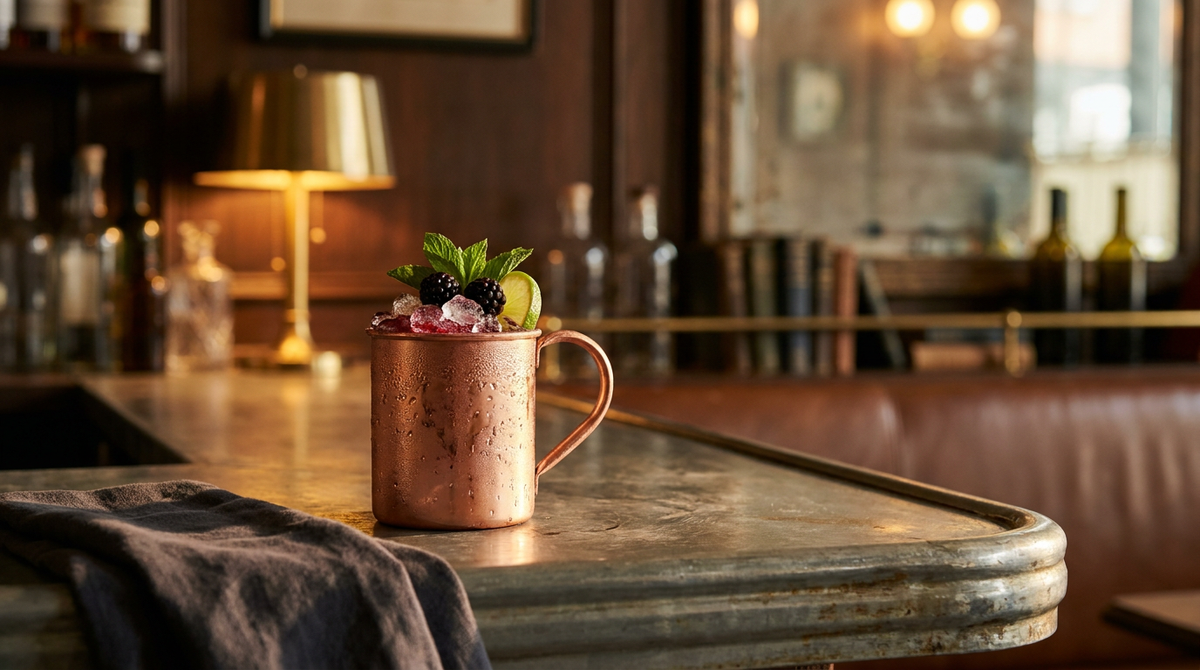 Moscow Mule aux fruits rouges dans un mug de cuivre couvert de buée, mûres et menthe sur la glace pilée, comptoir de zinc