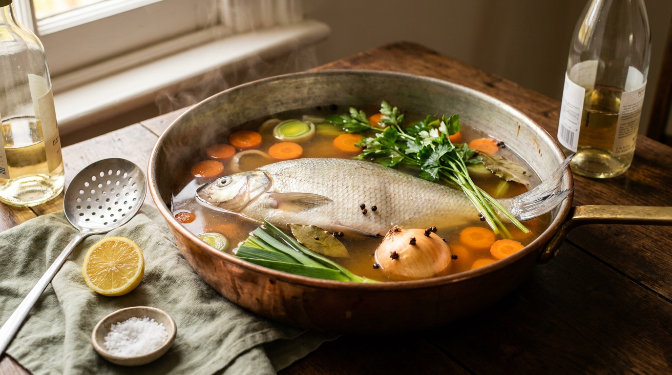Court-bouillon frémissant dans une poêle en cuivre, poisson entier, rondelles de carotte, poireau, oignon clouté et laurier