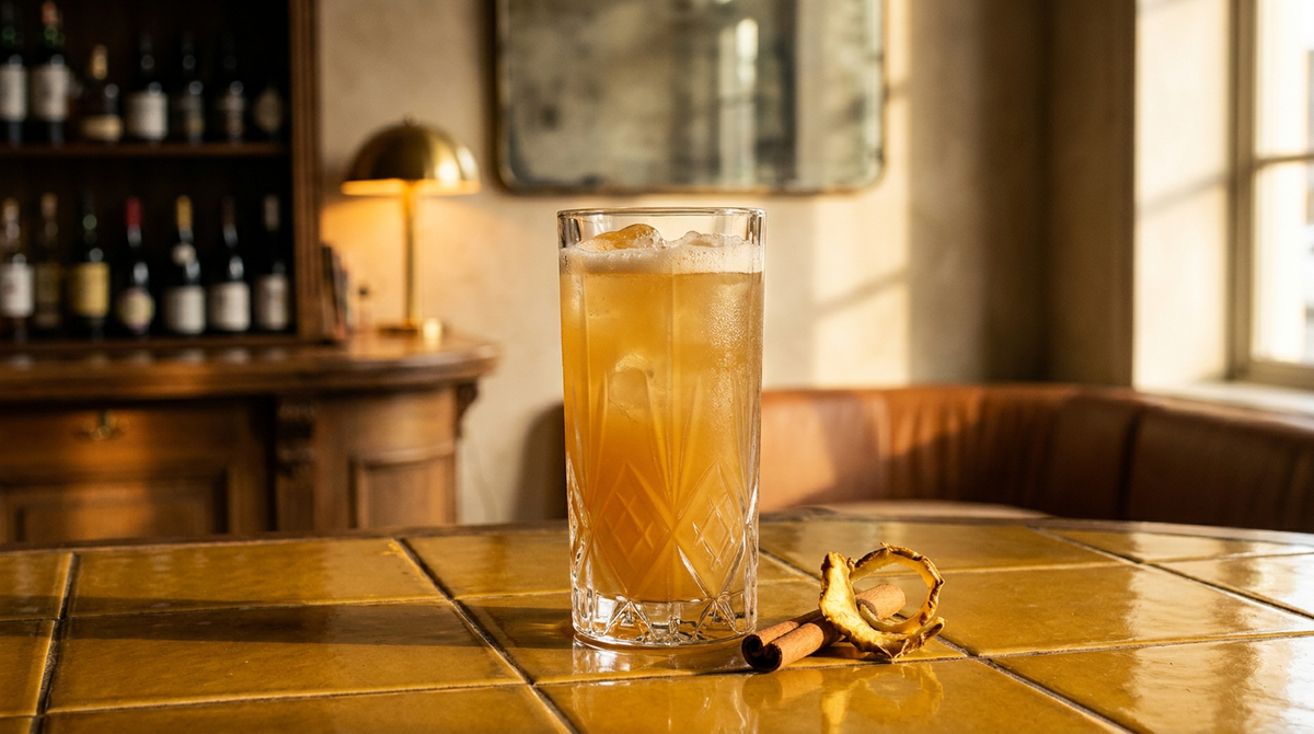 Tepache dans un grand verre, bâton de cannelle et écorce d'ananas, carrelage jaune moutarde