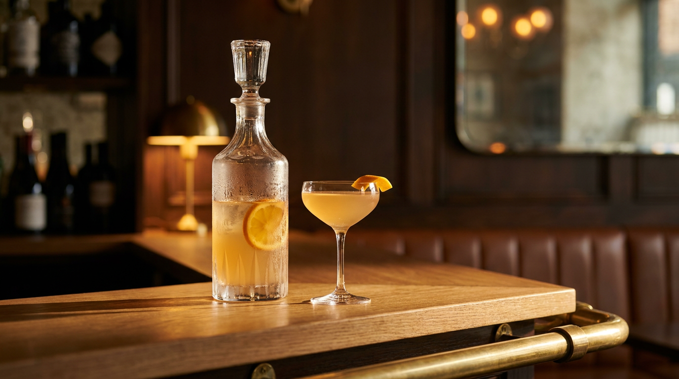 Carafe bouchée sortie du réfrigérateur et coupe servie sur un comptoir de chêne