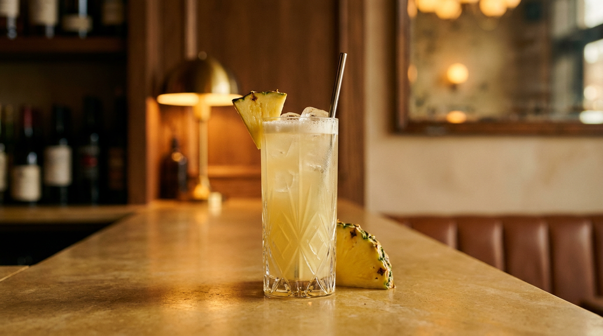 Vodka ananas en verre haut, mousse naturelle et quartier d'ananas, sur un comptoir de pierre dorée