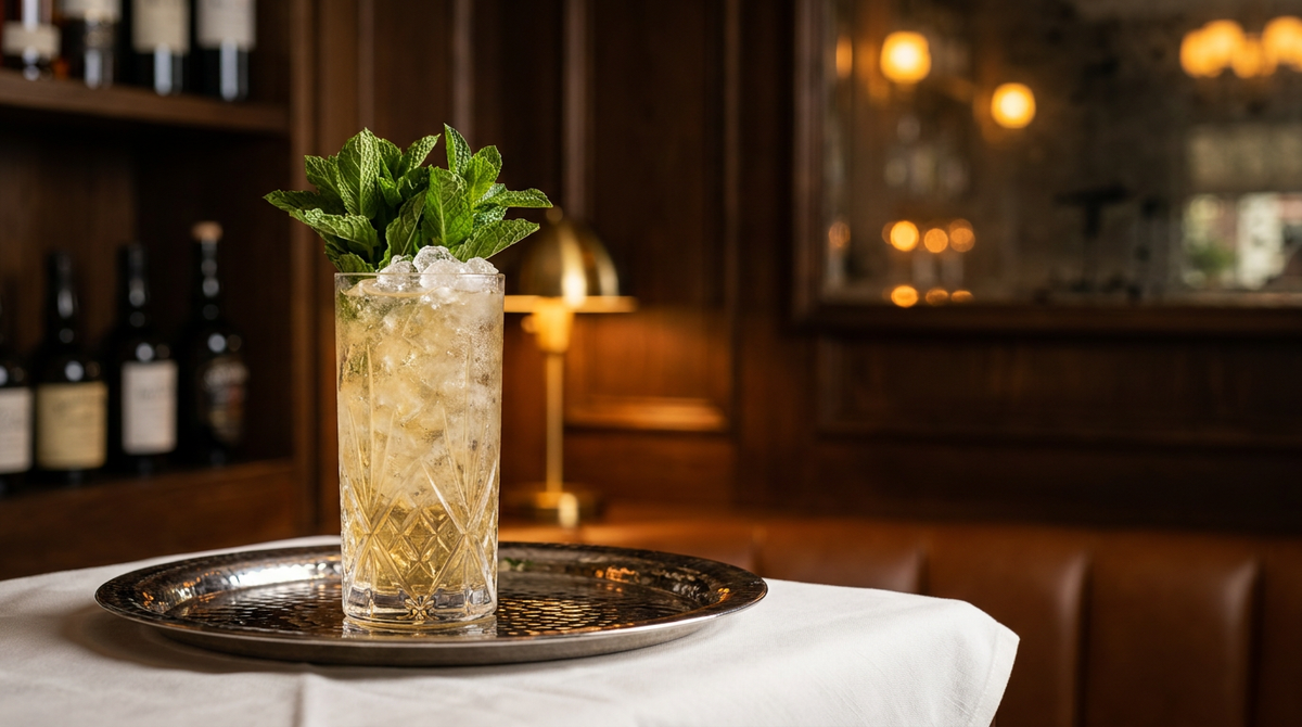 Champagne julep dans un grand verre à glace pilée, gros bouquet de menthe, plateau d'argent martelé sur lin blanc