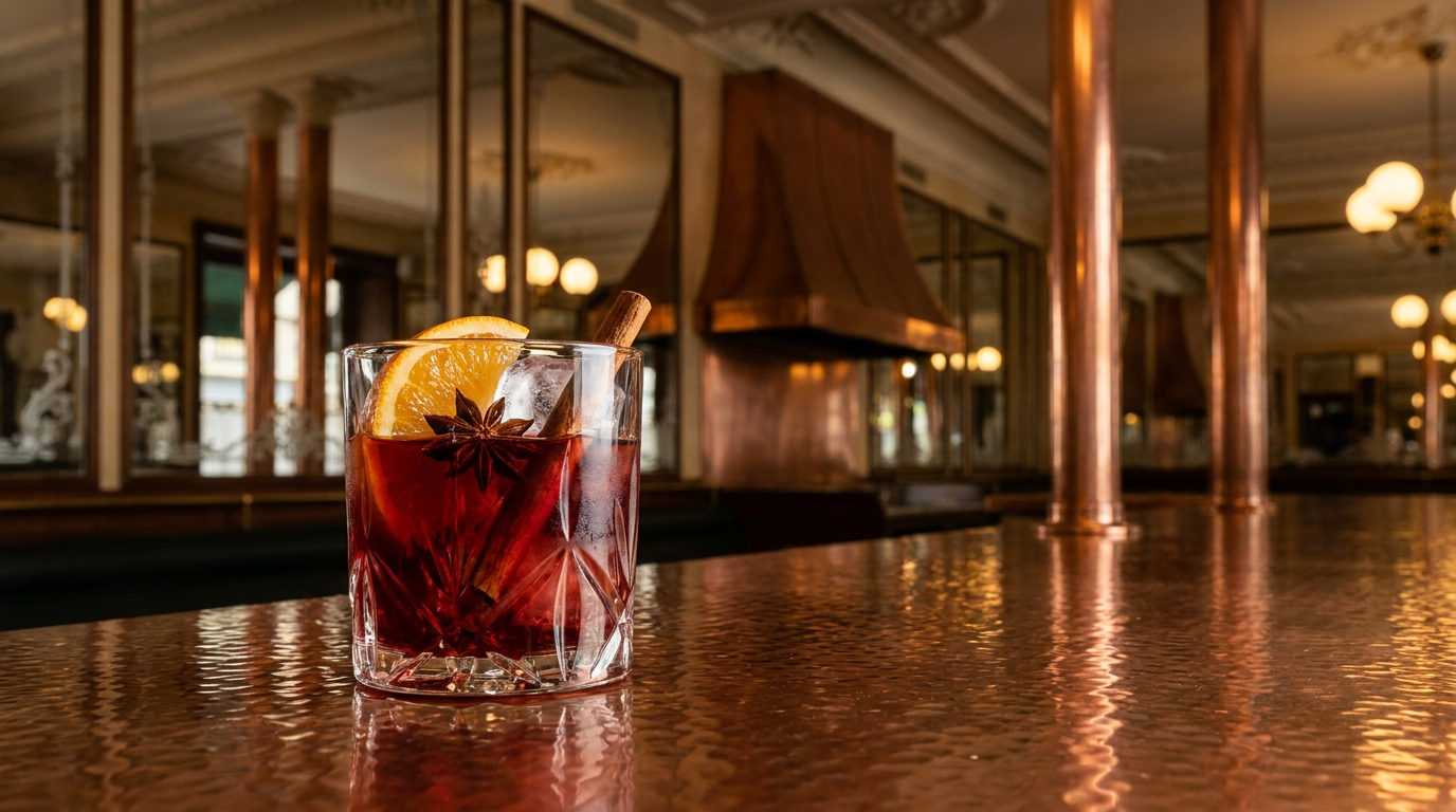 Vin rouge épicé servi froid en verre bas taillé, gros glaçons, demi-rondelle d'orange, cannelle et badiane, sur un comptoir de cuivre martelé dans une ancienne brasserie