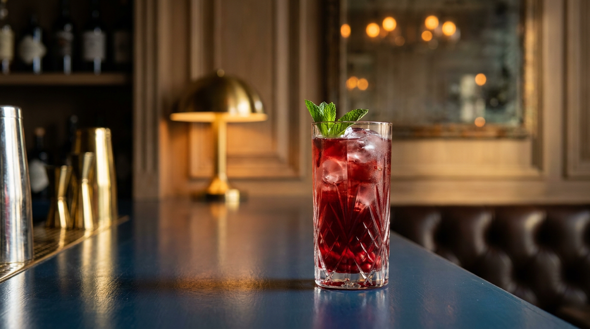 Mocktail grenade menthe dans un grand verre, grains de grenade et brin de menthe, comptoir laqué bleu profond