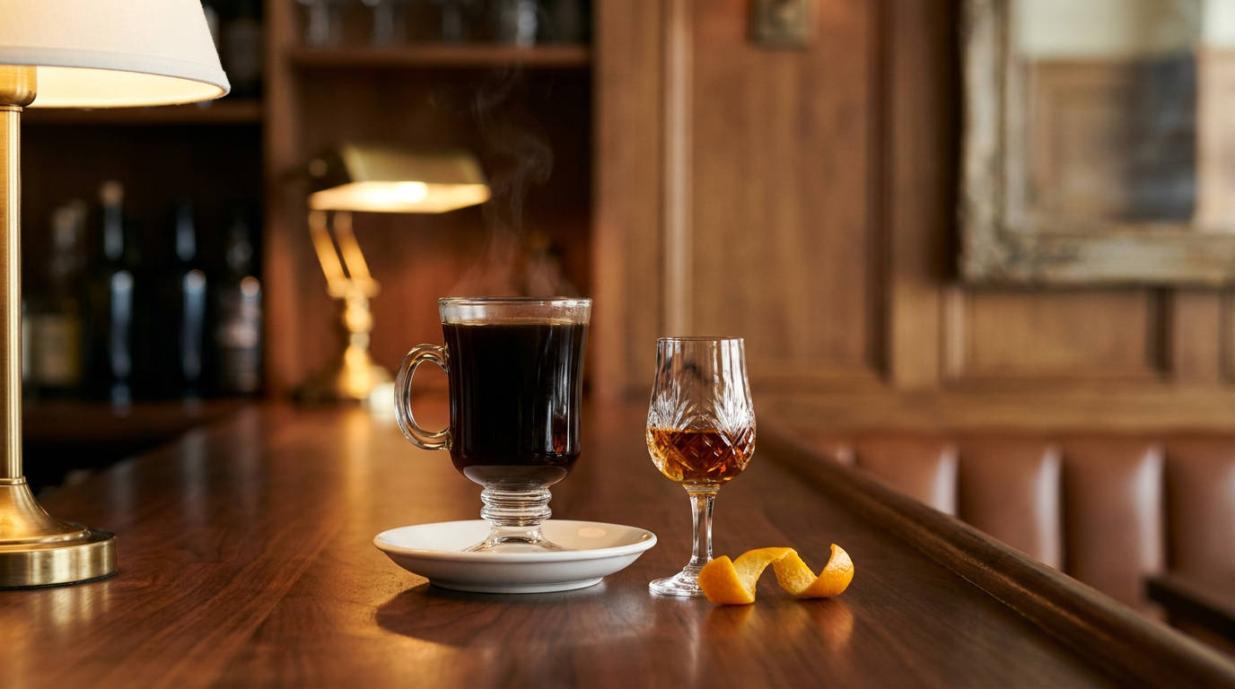 Verre à pied de café noir fumant sur sa soucoupe et petit verre d'armagnac ambré à côté, zeste d'orange posé, sur un comptoir de noyer sombre