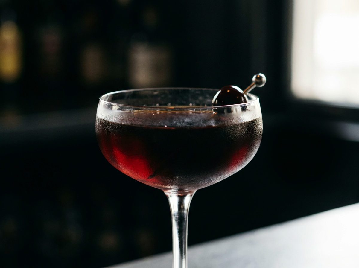 Black Manhattan : coupe glacée d'un cocktail brun très foncé au rye et à l'amaro, cerise à l'eau-de-vie