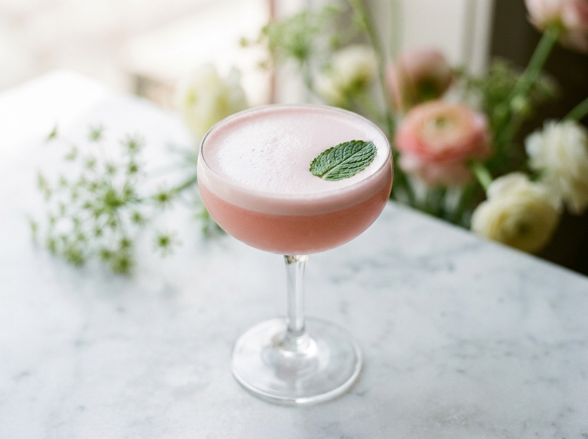 Clover Leaf, cocktail au gin rose à la mousse veloutu00e9e coiffé d'une feuille de menthe en coupe
