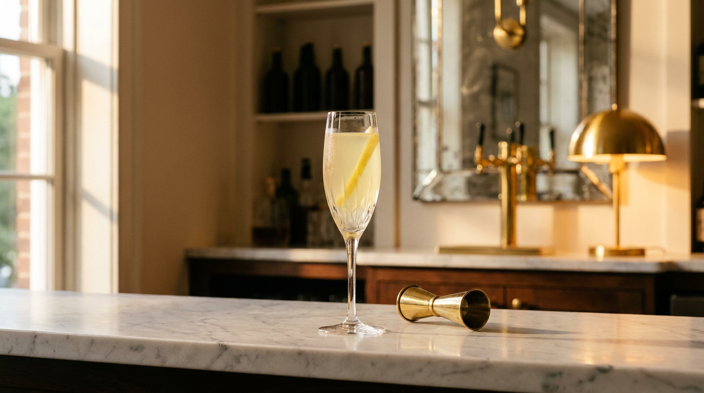 Flûte de French 76, robe citron pâle et zeste de citron, sur un comptoir de marbre blanc