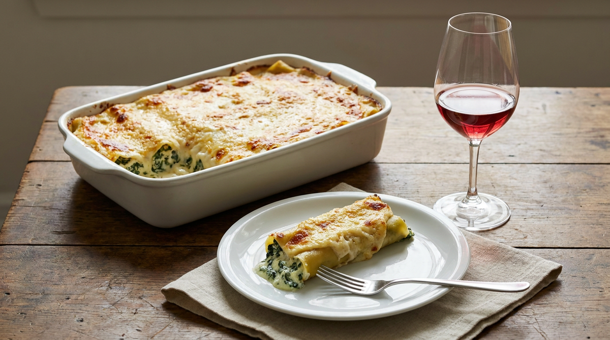 Plat à gratin de cannelloni ricotta et épinards sous une béchamel gratinée, une part servie sur une assiette montrant la farce verte et blanche, verre de vin rouge, table de bois
