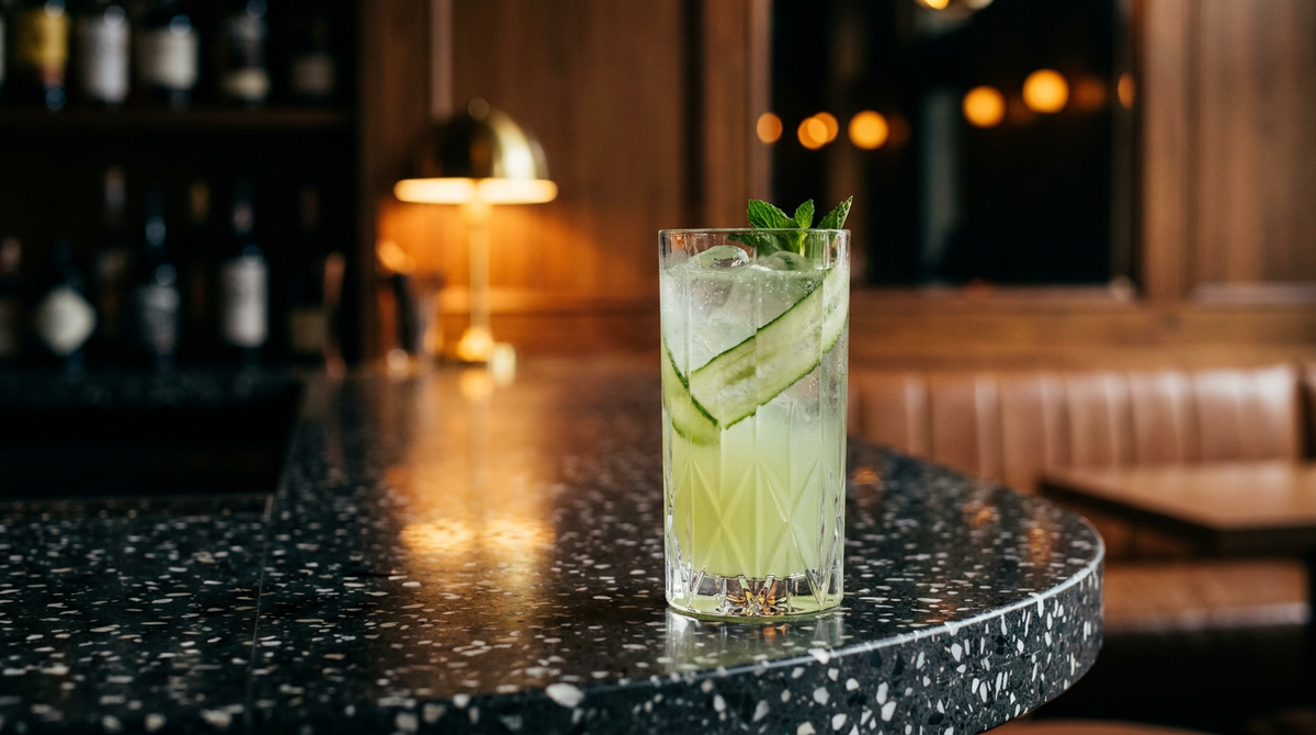 Cucumber Cooler vert très pâle et pétillant dans un verre haut, rubans de concombre enroulés et brin de menthe, comptoir de terrazzo anthracite