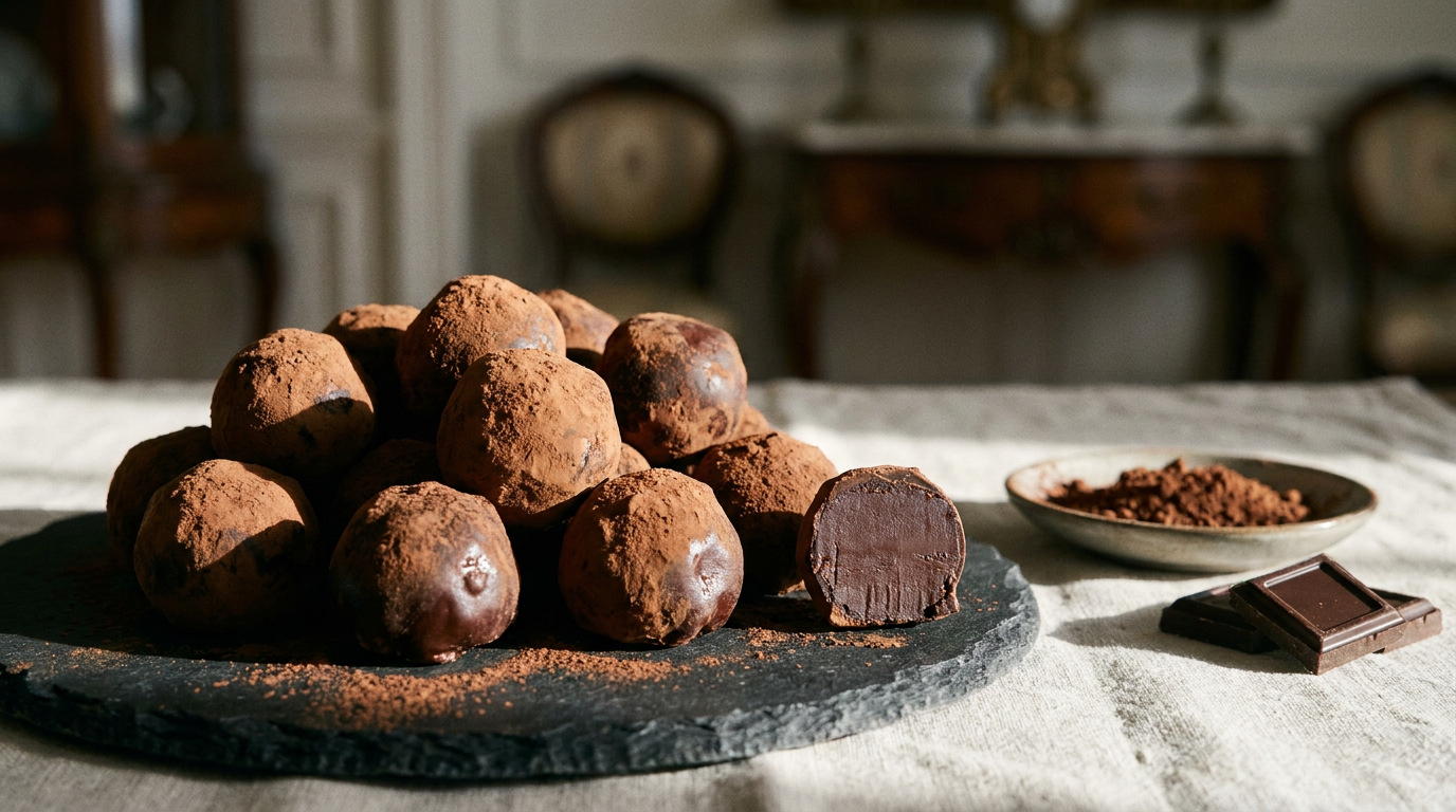 Truffes au chocolat roulées à la main dans le cacao amer, une truffe coupée montrant une ganache dense et satinée