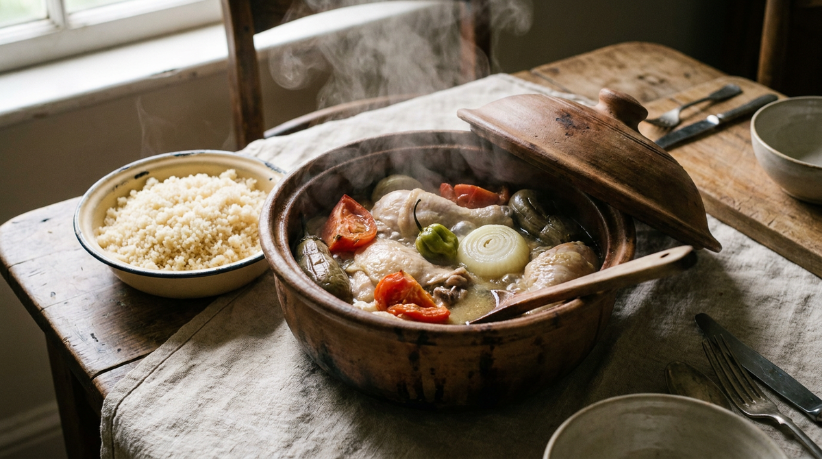 Kedjenou de poulet ivoirien dans une canari en terre cuite, couvercle soulevé et vapeur épaisse, morceaux de poulet pâles, tomates fondues, oignon et piment entier, bol d'attiéké à côté