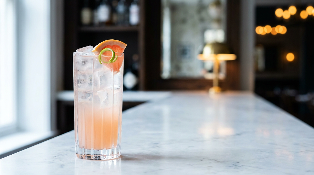 Mocktail sans sucre rose pâle dans un grand verre plein de glaçons, quartier de pamplemousse et zeste de citron vert, comptoir de marbre blanc, lumière de fenêtre froide
