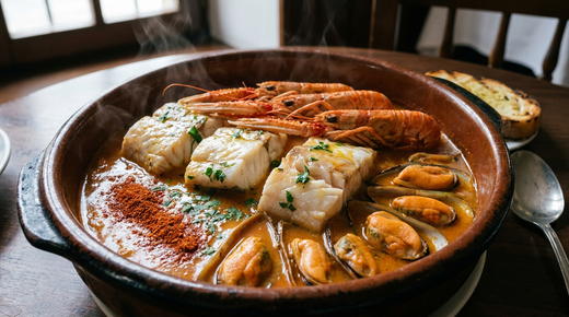 Ttoro basque en cassolette, dos de merlu nacrés, langoustines rouges et moules ouvertes en bouillon safrané