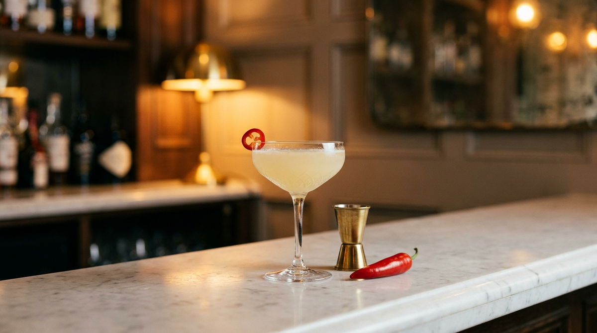 Spicy Fifty jaune pâle dans une coupe à pied givrée, fine rondelle de piment rouge posée sur le bord, comptoir de marbre blanc, bar chic flou et lampe de laiton