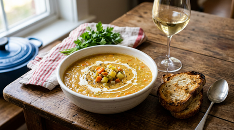 Bol de soupe de légumes maison onctueuse avec un filet de crème et des dés de légumes, pain de campagne grillé à côté