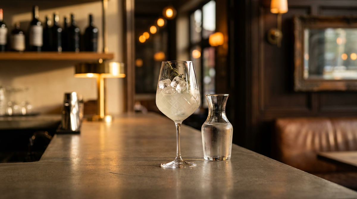 Piscine : grand verre à vin de glaçons et pastis très pâle, sur un comptoir de bar en béton ciré