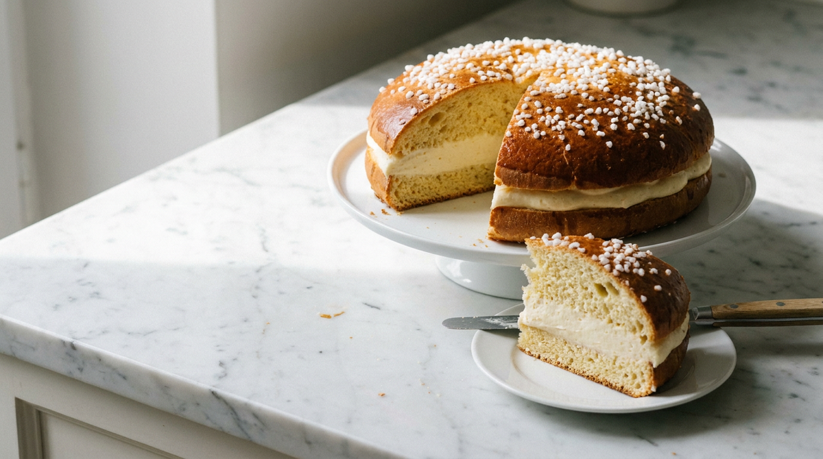 Tarte tropézienne entière, brioche dorée au sucre perlé fendue sur une épaisse couche de crème blanche, une part coupée devant, marbre blanc