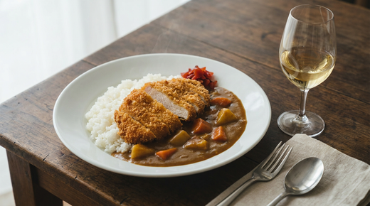 Assiette de poulet katsu curry, escalope panée sur riz, sauce curry japonaise, verre de vin