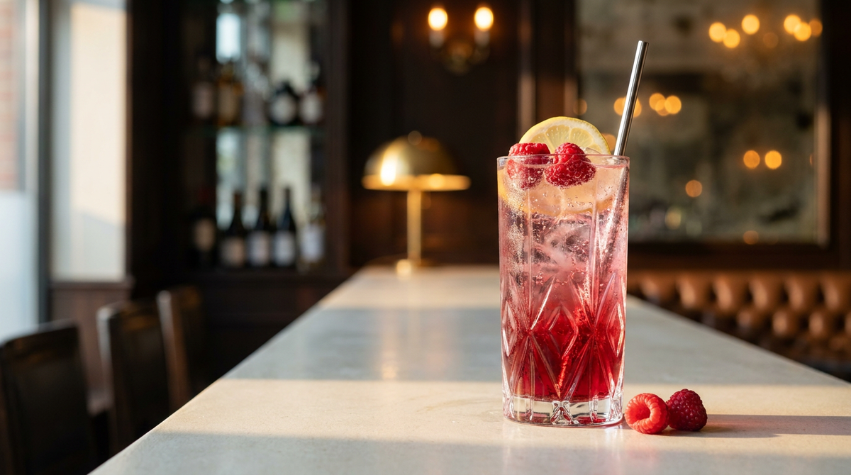 Shrub framboise allongé à l'eau gazeuse, framboises fraîches et rondelle de citron, sur un comptoir de grès blanc