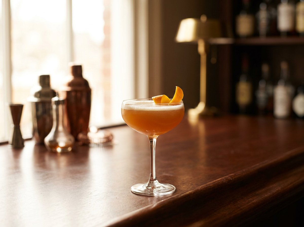 Bronx : coupe d'un cocktail orange (gin, vermouths, jus d'orange), légère mousse, zeste d'orange