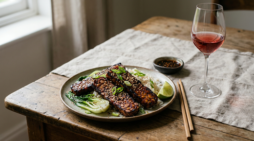 Tranches épaisses de tempeh marinées au soja et à l'érable, poêlées et laquées brun foncé, sur du riz et du pak choï sauté, sésame, oignon nouveau, citron vert, bol de laque, baguettes à plat, verre de vin rouge léger