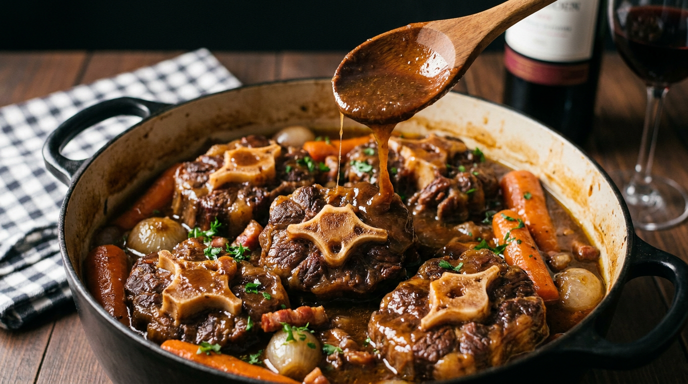 Queue de bœuf braisée en cocotte, tronçons avec l'os central, jus brun gélatineux nappant la cuillère, carottes et lardons