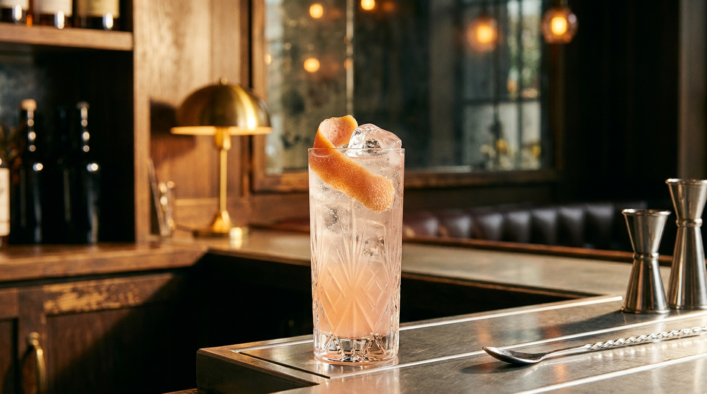 Gin tonic au pamplemousse rose pâle dans un grand verre glacé, large zeste de pamplemousse enroulé dedans, plan de bar en inox