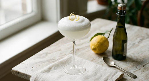 Coupe à pied élancée remplie d'une mousse blanche crémeuse légèrement bombée, zeste de citron posé dessus, citron entier et bouteille de vin pétillant sur un plan de marbre clair