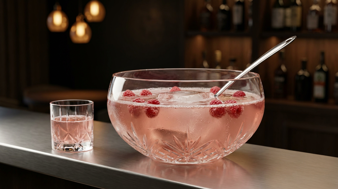 Bol à punch en cristal rempli d'un bowl pétillant rose aux framboises avec un bloc de glace et une louche en argent, sur un comptoir d'inox brossé