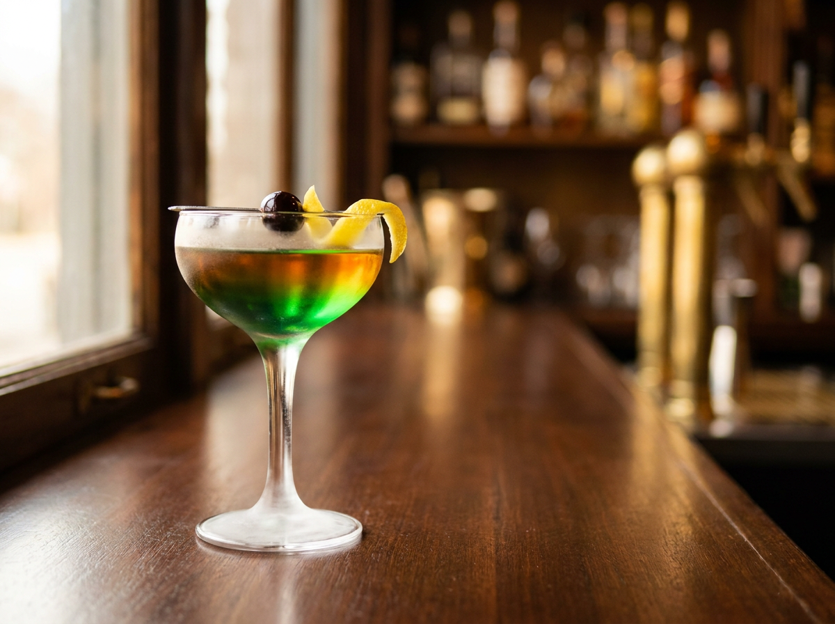 Cocktail Alaska doré dans une coupe, zeste de citron, lumière naturelle